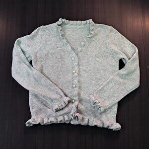 SHEIN Gray Ruffle Knit Cardigan XS Soft Girl Pearl Button Sweater Cute Cozy